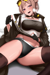Rule 34 | 1girl, absurdres, breasts, choker, collarbone, commission, doko tetora, double bun, girls&#039; frontline, hair bun, heavy breathing, highres, large breasts, lifted by self, light brown hair, p90 (girls&#039; frontline), pink eyes, skeb commission, solo, sweat