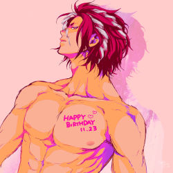 Rule 34 | 10s, 1boy, abs, all out!!, body writing, collarbone, dark skin, dark-skinned male, dated, happy birthday, keito (dada keito), looking at viewer, male focus, multicolored hair, muscular, nipples, pectorals, pink background, red eyes, red hair, sekizan takuya, shadow, topless male, simple background, solo, streaked hair, upper body