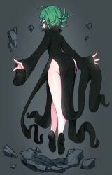 Rule 34 | 1girl, ass, black dress, curly hair, debris, dress, floating, from behind, full body, green eyes, green hair, highres, long sleeves, looking back, one-punch man, punipaws, rock, short hair, solo, tatsumaki, wide sleeves