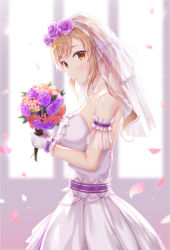 Rule 34 | 1girl, bad id, bad pixiv id, bad proportions, bang dream!, blurry, bouquet, breasts, bridal veil, depth of field, dress, flower, gloves, hair flower, hair ornament, holding, holding bouquet, ichigaya arisa, indoors, light brown hair, long hair, looking at viewer, lunacle, medium breasts, petals, see-through, solo, standing, veil, wedding dress, white dress, white gloves
