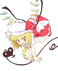 Rule 34 | 1girl, :d, back bow, blonde hair, blush, bow, crystal, fang, flandre scarlet, floating hair, flying, frills, from above, full body, hair between eyes, hat, hat ribbon, holding, laevatein (touhou), legs up, long hair, looking at viewer, looking to the side, maguro (mawaru sushi), mary janes, midair, mob cap, open mouth, outstretched arms, puffy short sleeves, puffy sleeves, red eyes, red footwear, red ribbon, red skirt, ribbon, shoes, short sleeves, simple background, skirt, skirt set, slit pupils, smile, solo, touhou, upside-down, white background, white bow, white hat, wings