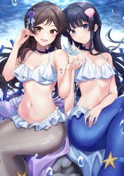 Rule 34 | 2girls, :d, air bubble, armlet, bare arms, bare shoulders, bikini, black hair, blue bow, blue choker, blue eyes, blue flower, blue rose, blunt bangs, blush, bow, breasts, brown eyes, brown hair, bubble, choker, cleavage, closed mouth, collarbone, commentary request, flower, frilled bikini, frills, hair flower, hair ornament, hands up, highres, idolmaster, idolmaster million live!, kitazawa shiho, kurousagi yuu, long hair, looking at viewer, medium breasts, mermaid, mogami shizuka, monster girl, monsterification, multiple girls, navel, open mouth, parted bangs, rock, rose, shell hair ornament, sidelocks, sitting, smile, starfish, stomach, swimsuit, underwater, white bikini