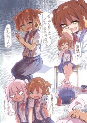 Rule 34 | brown hair, child, comic, desk, fang, green eyes, highres, multicolored hair, oka asahi, onii-chan wa oshimai!, open mouth, out of character, ribbon, school desk, school uniform, shoes, skirt, suspender skirt, suspenders, translated, two-tone hair, unworn shoes, white hair