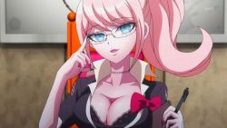 Rule 34 | 10s, 1girl, animated, animated gif, blue eyes, bouncing breasts, bow, breasts, cleavage, danganronpa (series), enoshima junko, female focus, glasses, large breasts, nail polish, pen, pink hair, ponytail, solo