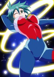 Rule 34 | 1girl, allenby beardsley, blue hair, bodysuit, breasts, breasts apart, commentary request, d boy@seishun bakuhatsu, dated, g gundam, green eyes, grin, gundam, highres, medium breasts, mobile trace suit, one eye closed, short hair, signature, skin tight, smile, solo