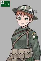 Rule 34 | 1girl, ace (playing card), ace of spades, bandaged head, bandages, bandaid, bandaid on face, belt pouch, brown hair, close-up, flag, green eyes, grey background, hearts of iron, helmet, highres, jewelry, kaiserreich, looking at viewer, military, military uniform, necklace, patch, pearl necklace, playing card, pouch, pzkpfwi, sketch, smile, spade (shape), tree, turtleneck, uniform