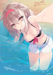 Rule 34 | 1girl, absurdres, adapted costume, beach, bikini, black bikini, breasts, brown eyes, brown hair, cleavage, commentary request, hair flaps, hairband, highres, hizaka, kantai collection, long hair, looking at viewer, medium breasts, one-hour drawing challenge, partially submerged, red hairband, selfie, shiratsuyu (kancolle), shiratsuyu kai ni (kancolle), shorts, smile, solo, swimsuit, water, wet, whistle, whistle around neck, white shorts
