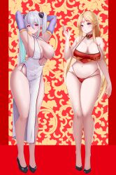 2girls absurdres armpits arms_behind_head azur_lane bare_hips bare_shoulders blonde_hair blue_eyes breasts brest_(azur_lane) brest_(moonlit_night&#039;s_spring_vista)_(azur_lane) center_opening china_dress chinese_clothes chinese_commentary chuer_722 cleavage commentary_request dress elbow_gloves facial_mark forehead_mark gloves hair_between_eyes hair_ornament highres huge_breasts kearsarge_(azur_lane) kearsarge_(springtime_monitoring)_(azur_lane) long_hair looking_at_viewer multiple_girls official_alternate_costume official_alternate_hairstyle open_clothes open_dress pelvic_curtain pointy_ears presenting_armpit purple_eyes purple_gloves purple_trim revealing_clothes side-tie_dress tassel tassel_hair_ornament very_long_hair white_hair