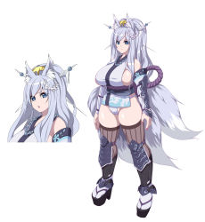 Rule 34 | 1girl, absurdres, animal ears, blue eyes, breasts, fox ears, fox tail, full body, fundoshi, highres, horarezonu, huge breasts, japanese clothes, original, plump, shirt, simple background, tail, taut clothes, taut shirt, thighhighs, white background, white hair