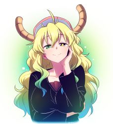 Rule 34 | 10s, 1girl, ahoge, alternate costume, baseball cap, black shirt, blonde hair, blue eyes, breasts, clenched hand, collarbone, dragon girl, dragon horns, eyebrows, eyelashes, gradient hair, green eyes, green hair, hair between eyes, hand on own face, hand up, hat, heterochromia, horns, huge breasts, kobayashi-san chi no maidragon, long hair, long sleeves, looking at viewer, lucoa (maidragon), multicolored background, multicolored hair, nightea, pink hat, shirt, sidelocks, simple background, smile, solo, tsurime, twitter username, two-tone background, upper body, wavy hair, white background, yellow pupils