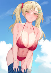 Rule 34 | 1girl, alexmaster, bare shoulders, bikini, blonde hair, blue shorts, blue sky, blush, breasts, brown eyes, cameltoe, cleavage, clothes pull, collarbone, ear piercing, earrings, hair ornament, hairclip, halterneck, hoop earrings, jewelry, large breasts, long hair, looking at viewer, mole, mole under eye, navel, navel piercing, original, piercing, red bikini, revision, shorts, shorts pull, sky, smile, solo, string bikini, swimsuit, thighs, twintails