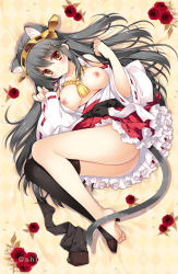 Rule 34 | 1girl, animal ear fluff, animal ears, ass, barefoot, boots, unworn boots, breasts, breasts out, brown eyes, cat ears, cat tail, detached sleeves, flower, unworn footwear, frilled skirt, frills, full body, grey hair, hair ornament, hairclip, haruna (kancolle), headgear, highres, inverted nipples, kantai collection, large breasts, long hair, looking at viewer, lying, nipples, nontraditional miko, on back, red skirt, ribbon-trimmed sleeves, ribbon trim, rose, shigunyan, shoes, single boot, single shoe, skirt, smile, solo, tail, twitter username