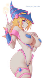 Rule 34 | 1girl, absurdres, blonde hair, blue eyes, blue headwear, breasts, closed mouth, dark magician girl, duel monster, hat, heart pasties, highres, holding, holding wand, large breasts, long hair, looking at viewer, melowh, pasties, patreon username, simple background, thighs, wand, white background, wizard hat, yu-gi-oh!, yu-gi-oh! duel monsters