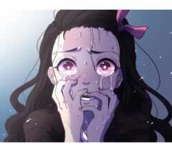Rule 34 | 1girl, black hair, black jacket, blue background, commentary request, crying, diamond-shaped pupils, diamond (shape), hair between eyes, hair ribbon, hands on own face, hands up, highres, jacket, japanese clothes, kamado nezuko, kimetsu no yaiba, kimono, letterboxed, long hair, looking at viewer, open mouth, pink eyes, pink nails, pink ribbon, portrait, ribbon, solo, spoilers, sweat, symbol-shaped pupils, yagi hara
