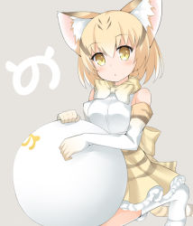 Rule 34 | 10s, 1girl, :&lt;, animal ears, ball, bare shoulders, blonde hair, blush, bow, bowtie, brown hair, cat ears, cat tail, commentary request, elbow gloves, frilled skirt, frills, gloves, grey background, head tilt, high-waist skirt, japari symbol, kemono friends, kneeling, looking at viewer, maccha, multicolored hair, print bow, print bowtie, print neckwear, print skirt, sand cat (kemono friends), shirt, short hair, simple background, skirt, sleeveless, sleeveless shirt, solo, streaked hair, striped tail, tail, triangle mouth, white legwear, white shirt, yellow eyes