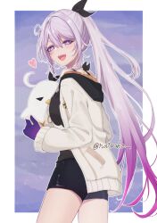 Rule 34 | 1girl, absurdres, bare shoulders, black ribbon, black shirt, black shorts, blue eyes, breasts, commentary request, from side, gradient hair, grey hair, grey jacket, hair between eyes, hair ribbon, half-closed eyes, highres, holding, honkai (series), honkai impact 3rd, hood, hood down, hooded jacket, jacket, jingwei (bird), kiana kaslana, long hair, long sleeves, multicolored hair, natsukn, off shoulder, outline, purple hair, ribbon, shirt, shorts, side ponytail, small breasts, solo, twitter username, very long hair, white outline