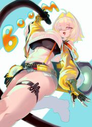 Rule 34 | 1girl, absurdres, ahoge, aqua outline, blonde hair, blue background, breasts, commentary request, elegg (nikke), exposed pocket, eyes visible through hair, fang, goddess of victory: nikke, hair between eyes, hair intakes, hair over eyes, highres, inugressive, large breasts, long bangs, long sleeves, looking at viewer, medium hair, multicolored hair, navel, open mouth, pink eyes, shorts, skindentation, solo, suspender shorts, suspenders, thick thighs, thigh strap, thighs, two-tone hair, white background