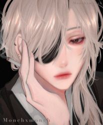 Rule 34 | artist name, black suit, bored, chainsaw man, cigarette, ear piercing, eyepatch, formal, hand on own face, highres, holding, holding cigarette, lips, long hair, looking at viewer, monchxmonch, one eye covered, piercing, portrait, quanxi (chainsaw man), suit, white hair