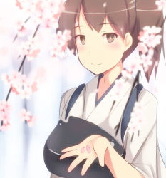 Rule 34 | 10s, 1girl, armor, bad id, bad pixiv id, brown eyes, brown hair, cherry blossoms, japanese clothes, kaga (kancolle), kantai collection, looking at viewer, muneate, personification, petals, ponytail, shuuichi, side ponytail, smile, solo