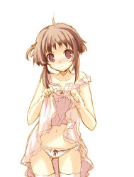Rule 34 | 1girl, blush, bow, bow panties, brown eyes, brown hair, child, clothes lift, collarbone, dress, dress lift, embarrassed, navel, panties, solo, thighhighs, toranosuke, underwear, undressing