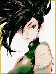 Rule 34 | 1girl, akali, arm tattoo, artist name, asymmetrical bangs, bare shoulders, black hair, bow, breasts, crop top, hair over one eye, high ponytail, jian tai (cuoyu0), league of legends, looking at viewer, medium breasts, ninja, ponytail, red eyes, shoulder tattoo, signature, simple background, smile, solo, tattoo, upper body, white background, yellow bow