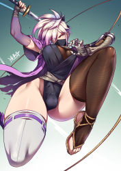 Rule 34 | 1futa, asymmetrical legwear, belt, breasts, brown thighhighs, bulge, cosplay, covered mouth, detached sleeves, erection, erection under clothes, fighting stance, fishnet thighhighs, fishnets, futanari, hair over one eye, hand wraps, heart, heart-shaped pupils, highres, holding, holding sword, holding weapon, indie virtual youtuber, japanese clothes, jumping, large breasts, leotard, leotard under clothes, light purple hair, mask, mechanical arms, mismatched legwear, mouth mask, ninja, ninja mask, ninjatou, prosthesis, prosthetic arm, qian er liang (virtual youtuber), rope, ryuusei (mark ii), sandals, sekiro, sekiro: shadows die twice, sekiro (cosplay), short sword, shuriken, shuriken hair ornament, single detached sleeve, single mechanical arm, solo, sword, symbol-shaped pupils, thick thighs, thighhighs, thighs, toes, updo, virtual youtuber, weapon, white thighhighs