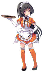 Rule 34 | 1girl, alternate costume, alternate hairstyle, apron, black hair, dress, elbow gloves, fish, frilled apron, frilled dress, frilled thighhighs, frills, full body, gloves, isokaze (kancolle), kantai collection, long hair, looking at viewer, maid, maid headdress, odawara hakone, orange dress, orange thighhighs, ponytail, red eyes, saury, simple background, smile, solo, sparkle, thighhighs, tray, waist apron, waitress, white apron, white background, white gloves