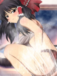 Rule 34 | 1girl, bare legs, black hair, blush, bow, breasts, closed mouth, commentary, frilled hair tubes, frills, from side, frown, fundoshi, glaring, hair between eyes, hair bow, hair tubes, hakurei reimu, japanese clothes, looking at viewer, medium breasts, medium hair, red bow, red eyes, red fundoshi, sarashi, showering, sidelocks, solo, spraying, squatting, steam, thighs, touhou, tsurime, water, wet, window, wooden floor, yadokari genpachirou