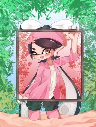 Rule 34 | + +, 1girl, ;d, absurdres, beanie, black hair, black shorts, blue sky, brown eyes, callie (splatoon), commentary, day, earrings, fang, hat, highres, holding, inkling, jacket, jewelry, leaf, leaf on head, long hair, long sleeves, looking at viewer, mole, mole under eye, nintendo, one eye closed, open clothes, open jacket, open mouth, outdoors, pantyhose, plant, purple hat, purple pantyhose, shirt, shorts, sky, smile, solo, splatoon (series), standing, sukeo (nunswa08), symbol-only commentary, tentacle hair, very long hair, white shirt