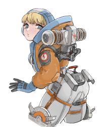Rule 34 | animification, apex legends, ass, backpack, bag, blue eyes, blue gloves, blue headwear, bodysuit, cropped legs, from behind, gloves, hood, hooded jacket, jacket, leaning forward, looking at viewer, looking back, open hand, orange jacket, puckered lips, shimijimi, solo, wattson (apex legends), white background, white bodysuit
