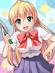 Rule 34 | 1girl, bad id, bad pixiv id, blonde hair, blush, bow, breasts, female focus, green eyes, hand on own hip, hip focus, long hair, open mouth, ponytail, school uniform, shovel, skirt, smile, solo, totokichi, trowel, worktool