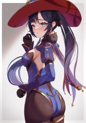 Rule 34 | 1girl, ass, black gloves, black hair, blue eyes, blue leotard, blush, breasts, capelet, closed mouth, cowboy shot, desire (tbot7), earrings, floating hair, fur-trimmed capelet, fur trim, genshin impact, gloves, gold trim, gradient hair, hand up, hat, highres, jewelry, leotard, long hair, looking at viewer, medium breasts, mona (genshin impact), multicolored hair, pantyhose, purple hair, raised eyebrows, solo, twintails, witch hat