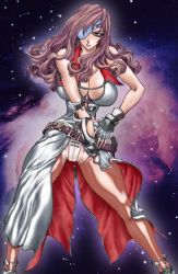 Rule 34 | 00s, 1girl, beatrix, belt, blue eyes, breasts, cleavage, final fantasy, final fantasy ix, fingerless gloves, gloves, huge breasts, long hair, purple hair, sky, solo, space, square enix, star (symbol), thighhighs, yuri ai