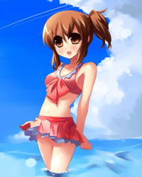 Rule 34 | 00s, 1girl, :d, arms behind back, bikini, brown eyes, brown hair, cloud, day, hirasawa yui, k-on!, navel, open mouth, ponytail, round teeth, shin (new), short hair, sky, smile, solo, swimsuit, teeth, wading, water