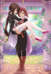 Rule 34 | 2girls, arm around neck, artist name, assault lily, black jacket, black pants, black ribbon, black skirt, blue eyes, blurry, blurry background, blush, boots, breasts, brown hair, bush, carrying, carrying person, chair, closed mouth, coattails, commentary request, day, eye contact, face-to-face, flower, formal, frilled sleeves, frills, full body, gloves, green eyes, hair between eyes, hair ribbon, hand on another&#039;s shoulder, hands up, hatsukano you, highres, inoguchi minto, inset border, jacket, knee boots, long hair, long sleeves, looking at another, low ponytail, medium breasts, miniskirt, multiple girls, necktie, official alternate costume, official alternate hairstyle, open clothes, open jacket, outdoors, pant suit, pants, pencil skirt, pink footwear, pink ribbon, plant, ponytail, princess carry, profile, purple flower, raised eyebrows, red footwear, red hair, red necktie, ribbon, serizawa chikaru, shirt, short hair, short ponytail, side ponytail, skirt, skirt suit, smile, suit, thighhighs, tree, two-tone ribbon, very long hair, vines, walking, white gloves, white shirt, white thighhighs, yuri, zettai ryouiki