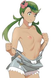 Rule 34 | 1girl, apron, armpits, bad id, bad pixiv id, bare shoulders, breasts, collarbone, creatures (company), dark-skinned female, dark skin, flower, game freak, green eyes, green hair, hair flower, hair ornament, long hair, mallow (pokemon), naked apron, navel, nintendo, nipples, on head, pokemon, pokemon sm, simple background, small breasts, solo, stomach, sungpark, twintails, undressing, white background