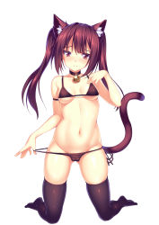 Rule 34 | 1girl, absurdres, akabane, animal ears, bell, black bra, black eyes, black hair, black panties, black thighhighs, blush, bra, breasts, cameltoe, cat ears, cat girl, cat tail, collar, embarrassed, frown, gluteal fold, highres, kneeling, long hair, medium breasts, navel, neck bell, original, panties, panty pull, side-tie panties, skindentation, solo, tail, thighhighs, twintails, underwear, white background