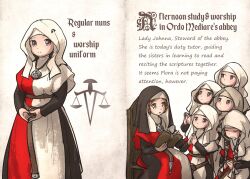 Rule 34 | 6+girls, belt, book, braid, brown hair, english text, habit, highres, ironlily, jewelry, lady johnna (ironlily), long hair, long sleeves, multiple girls, nun, orange hair, ordo mediare sisters (ironlily), own hands clasped, own hands together, pendant, short hair, sitting, sleeping, traditional nun, wooden chair