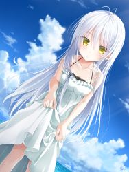 Rule 34 | 1girl, chaamii, dress, highres, long hair, shadow, solo, sundress, thighhighs, water, white hair, yellow eyes