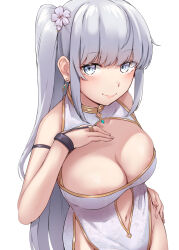 Rule 34 | 1girl, absurdres, armband, black armband, breasts, cleavage, closed mouth, collarbone, dress, earrings, flower, fuyutsuki (kancolle), gold trim, grey eyes, grey hair, hair flower, hair ornament, hand on own chest, highres, jewelry, kantai collection, kiritto, long hair, looking at viewer, medium breasts, navel, revealing clothes, side ponytail, simple background, smile, solo, very long hair, white background, white dress