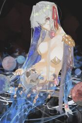 Rule 34 | 1girl, armor, bikini armor, black background, body markings, bracelet, breasts, cleavage, collar, colored inner hair, constellation, cowboy shot, cpompvjde54svc1, fate/grand order, fate (series), flower, galaxy, gradient skin, hair ribbon, jewelry, kama (fate), leaning to the side, long hair, lotus, medium breasts, metal collar, multicolored hair, open clothes, pelvic curtain, planet, red eyes, red ribbon, revealing clothes, ribbon, sitting, solo, thighlet, very long hair, white hair