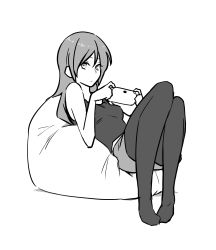 Rule 34 | 1girl, absurdres, bean bag chair, black pantyhose, borrowed character, character request, greyscale, handheld game console, highres, knees up, pantyhose under shorts, long hair, looking at viewer, monochrome, original, pantyhose, pantyhose under shorts, playstation vita, poaro, shorts, simple background, sitting, sketch, solo, tank top, white background