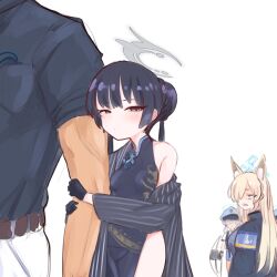 Rule 34 | 1boy, 4girls, animal ears, armband, blue archive, blue armband, blush, china dress, chinese clothes, dog ears, dog girl, dragon print, dress, embarrassed, hair bun, halo, hat, highres, holding, holding shield, kanna (blue archive), kisaki (blue archive), looking at another, multiple girls, muscular, muscular male, peaked cap, police, police uniform, policewoman, riot shield, sensei (blue archive), shield, shiming liangjing, uniform, valkyrie police academy student (blue archive), white background