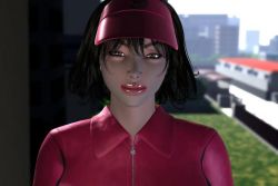 Rule 34 | 1girl, 3d, black hair, grey eyes, hat, looking at viewer, pizza takeout obscenity, rika yagyu, screencap, short hair, smile, solo, thick lips, umemaro, zipper