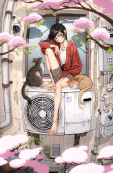 Rule 34 | 1boy, absurdres, air conditioner, androgynous, arm between legs, barefoot, between legs, black hair, cat, cherry blossoms, collarbone, commentary request, full body, grey shorts, hand between legs, hand on own knee, highres, knee up, konpeitou (pixiv37354724), long hair, looking at viewer, male focus, original, outdoors, red eyes, red sweater, shirt, shorts, sitting, solo, sweater, toes, watermark, white shirt, window, windowsill, wire