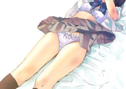 Rule 34 | 1girl, bad id, bad pixiv id, black socks, bra, clothes lift, head out of frame, highres, kneehighs, lingerie, lying, midriff, on back, open clothes, open shirt, panties, pleated skirt, shiori (moechin), shirt, skirt, skirt lift, socks, solo, unbuttoned, underwear, upskirt, white panties