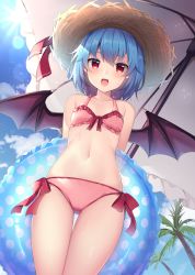 Rule 34 | 1girl, :d, alternate costume, bare shoulders, bat wings, bikini, blue hair, blush, bow, breasts, collarbone, day, eyelashes, hat, hat ribbon, highres, light blue hair, navel, open mouth, outdoors, pink bikini, red bow, red eyes, red ribbon, remilia scarlet, ribbon, ruhika, short hair, slit pupils, small breasts, smile, solo, standing, stomach, straw hat, swimsuit, tongue, touhou, wings