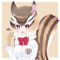 Rule 34 | 1girl, absurdres, animal ears, blazer, bow, bowtie, brown background, brown eyes, brown hair, chipmunk ears, chipmunk girl, chipmunk tail, cthun n, extra ears, gloves, heart, highres, jacket, kemono friends, looking at viewer, scarf, shirt, short hair, siberian chipmunk (kemono friends), simple background, solo, tail, upper body