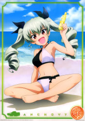Rule 34 | 1girl, absurdres, anchovy (girls und panzer), armpits, barefoot, beach, bikini, breasts, brown eyes, character name, cleavage, day, drill hair, female focus, full body, girls und panzer, green hair, hair between eyes, halterneck, happy, head tilt, highres, holding, long hair, looking at viewer, medium breasts, multicolored bikini, multicolored clothes, ocean, official art, open mouth, outdoors, scan, sitting, sky, smile, solo, swimsuit, thighs, twintails, very long hair, water, white bikini