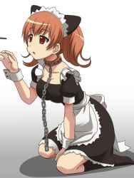 Rule 34 | 10s, 1girl, awa, breasts, brown hair, chain, collar, feet, inu x boku ss, kneeling, legs, looking away, maid, maid headdress, no shoes, open mouth, parted lips, red eyes, roromiya karuta, serious, simple background, sitting, slave, socks, solo, thighs, white background, wrist cuffs
